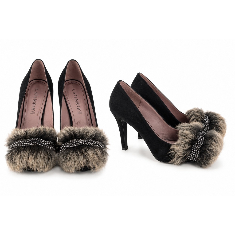 Y2K CafeNoir Black Suede Fur Trim Rhinestone Stiletto Heels Women 37 Italy Glam